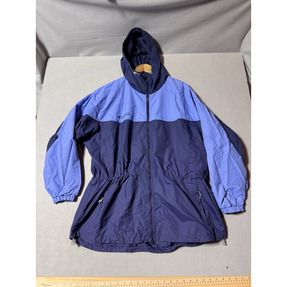 Vtg Columbia Jacket Womens Two Tone Blue Hooded Rain Coat Hike Windbreaker Sz Xl